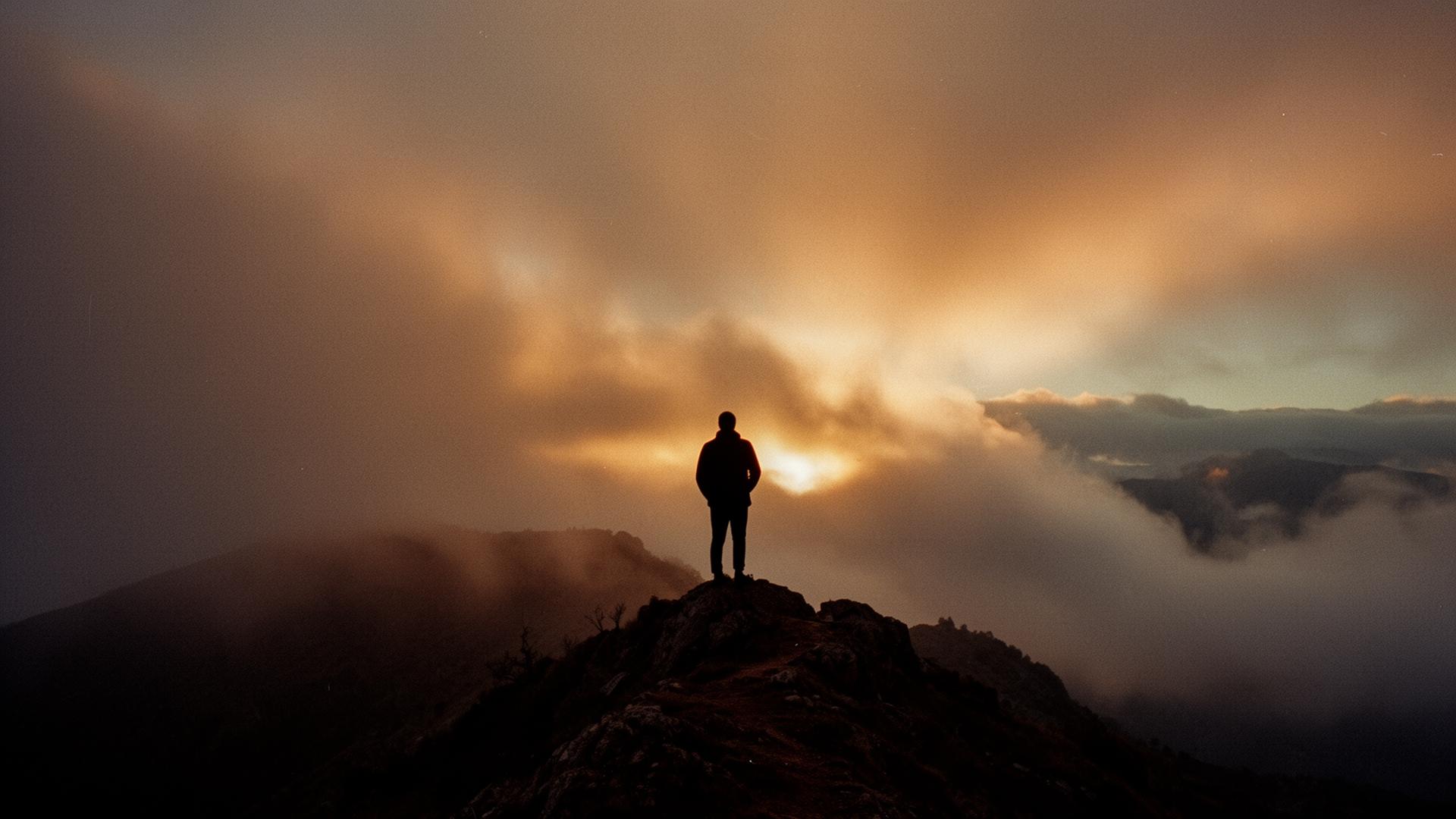 A solitary figure on a misty ridge at dawn